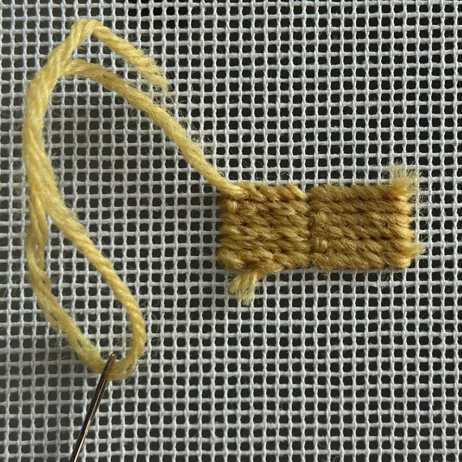 Thread the yarn gently through several stitches on the reverse of the needlepoint canvas to secure it