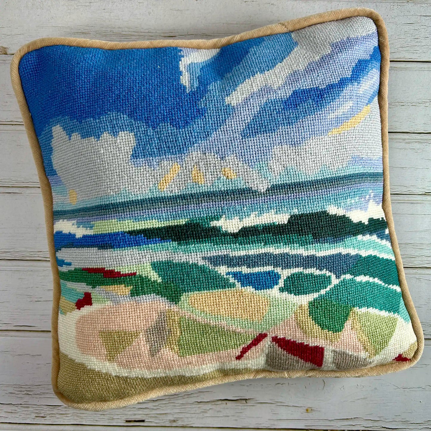 Quiet Shores Tapestry Kit finished as a cushion with velvet trim