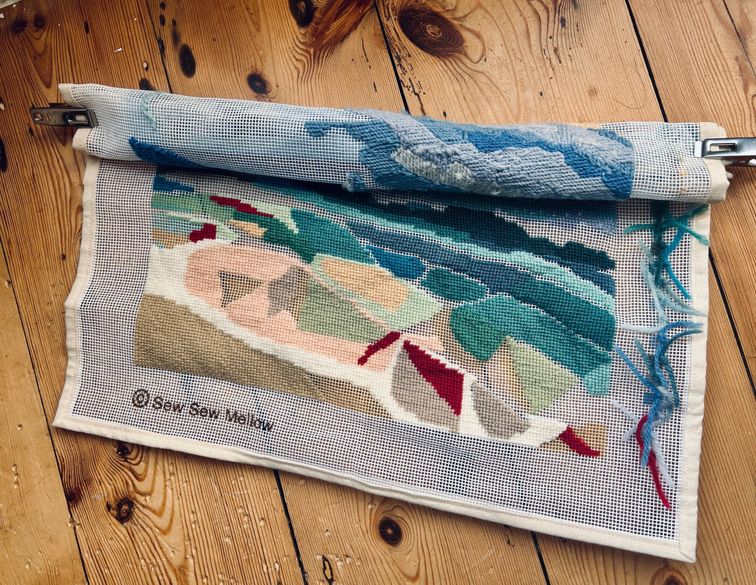 Sew Sew Mellow Quiet Shores needlepoint canvas stitched without an embroidery frame