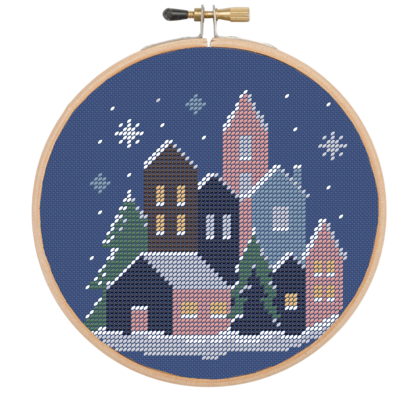 Christmas Village 3" Embroidery Kit finished design in a hoop