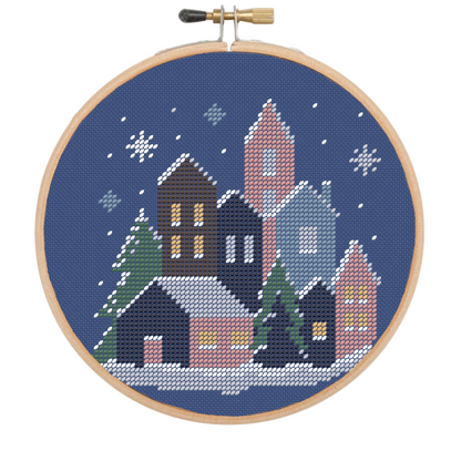 Christmas Village 3" Embroidery Kit finished design in a hoop