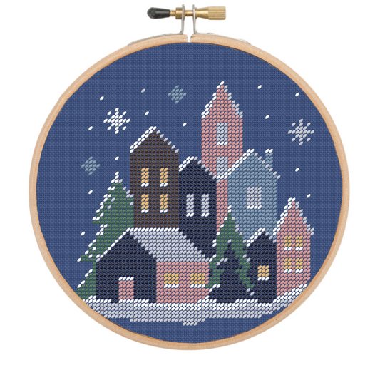Christmas Village 3" Embroidery Kit finished design in a hoop