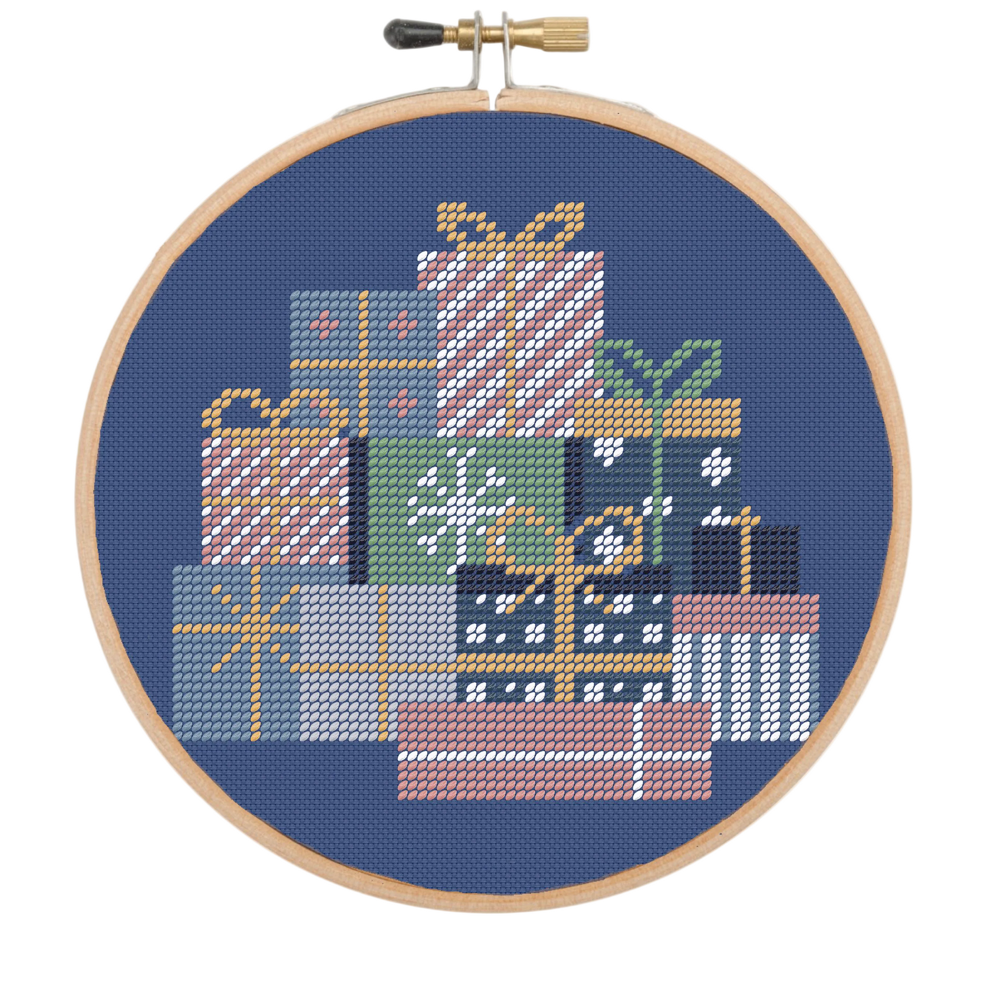 Festive Gifts 3" Needlepoint Kit completed design in a hoop