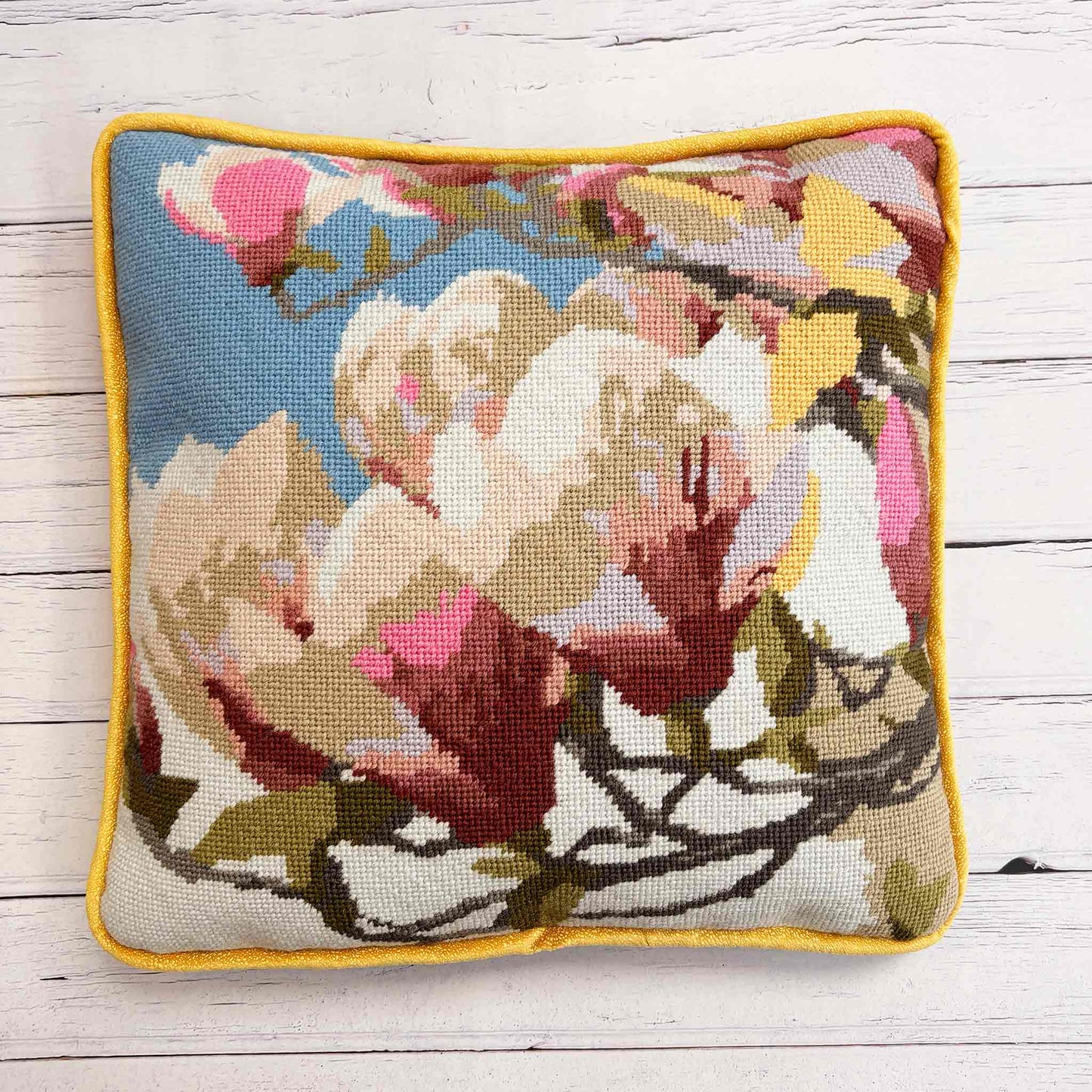 Magnolia Blooms Needlepoint Kit completed as a 30cm x 30cm cushion