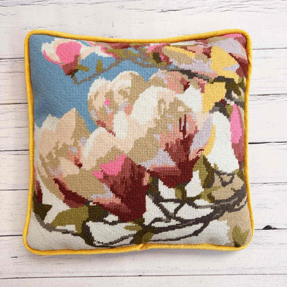 Magnolia Blooms Needlepoint Kit completed as a 30cm x 30cm cushion