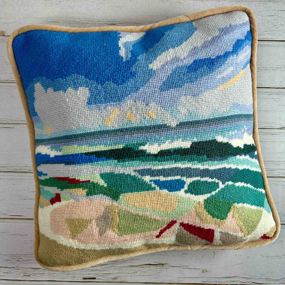 Completed Quiet Shores tapestry kit made up into a cushion