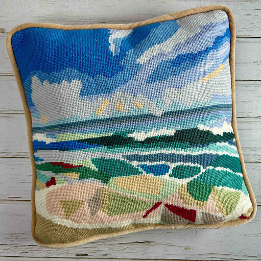 Completed Quiet Shores tapestry kit made up into a cushion