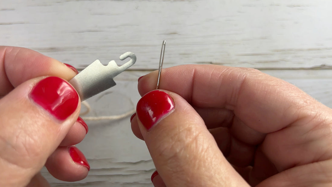 A 46 second video showing how to thread a tapestry needle using a yarn threader by Sew Sew Mellow